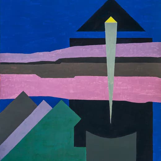 Geometric abstract painting with bold horizontal bands of pink, blue, and black, featuring a sharp vertical pole and triangular shapes.