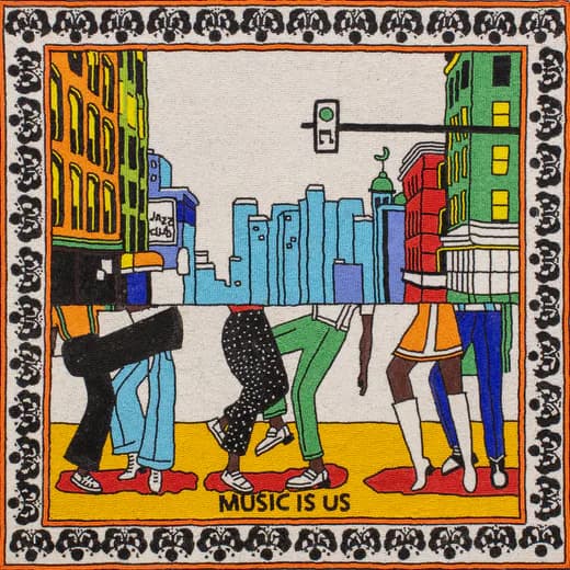Vibrant illustration of diverse figures dancing on an urban street with colorful buildings, framed by decorative border, text reads 'MUSIC IS US'.