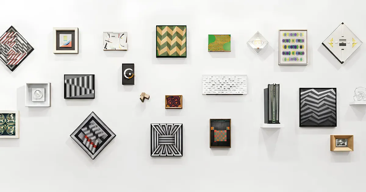 Gallery wall display of geometric and patterned artworks in various frames, featuring chevron, stripe, and abstract designs in black, white, green, and gold tones.
