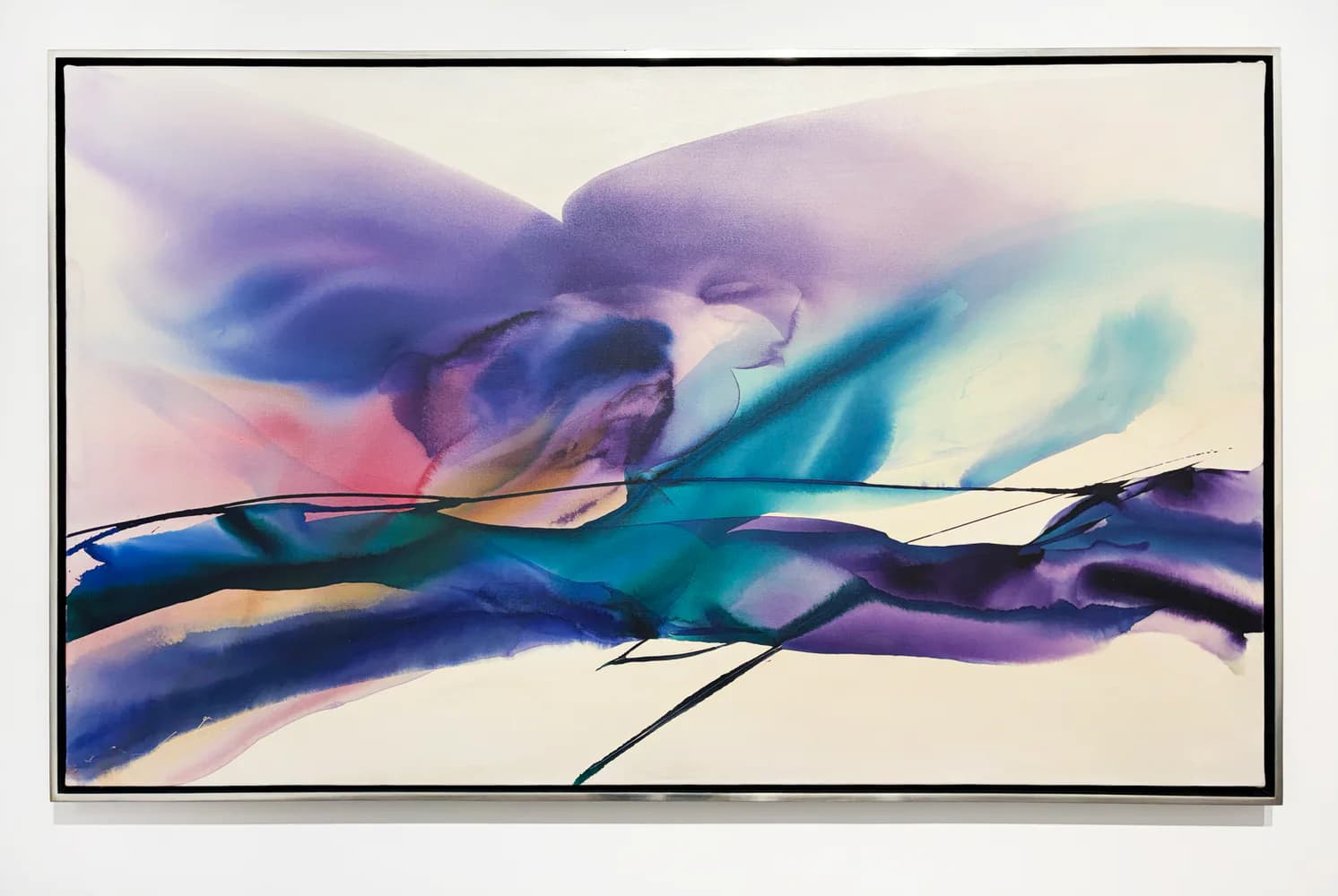 Abstract painting with flowing blue, purple, and teal streaks against cream background, suggesting movement or wind.