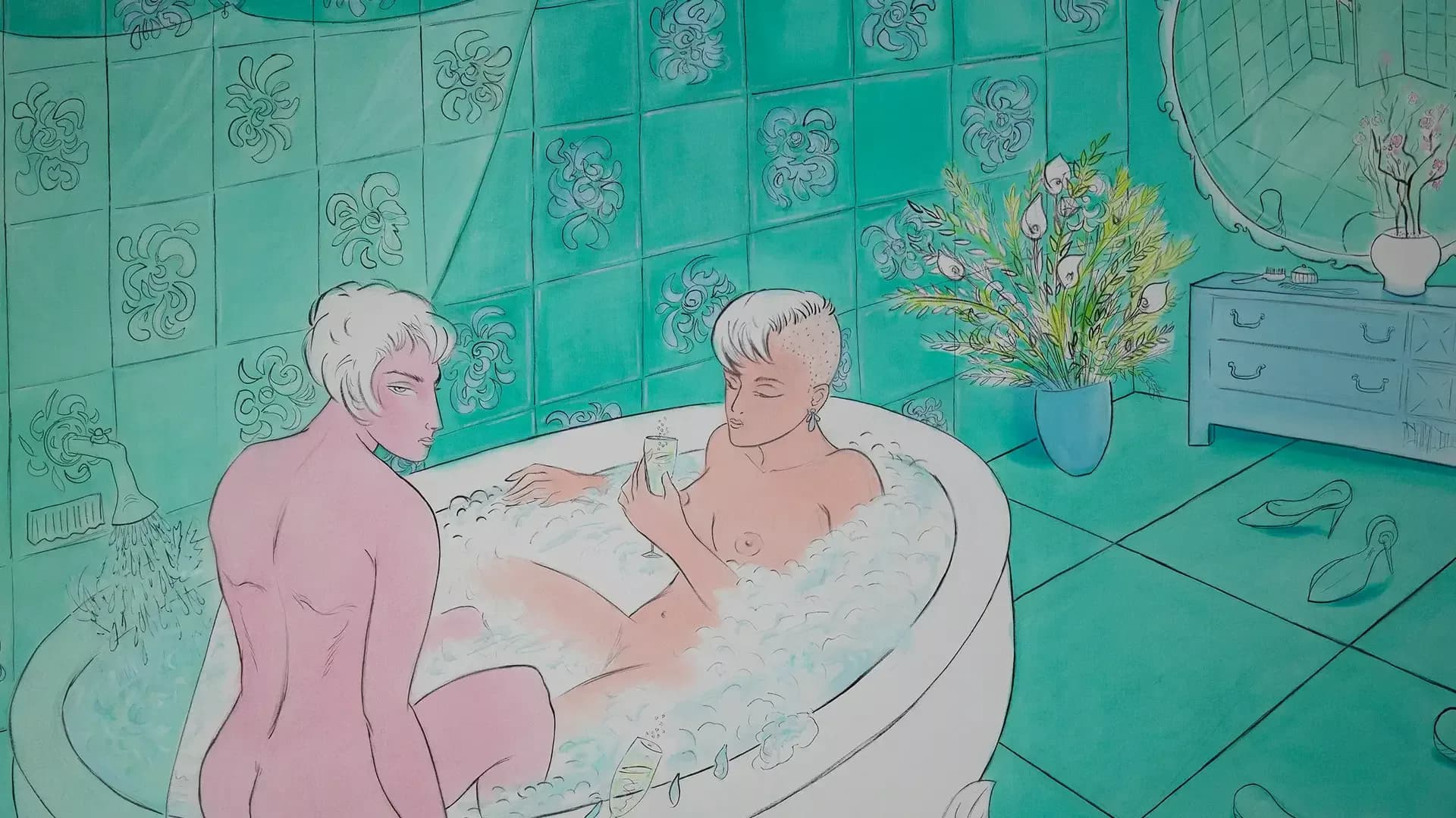 Illustration of two figures in pink tones in a monochromatic turquoise bathroom interior with bathtub, flowers, and decorative wall tiles.