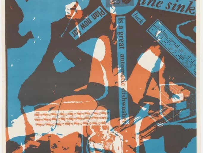 Abstract collage with blue and brown tones featuring silhouettes of figures and geometric shapes in orange and white, with overlaid text fragments.