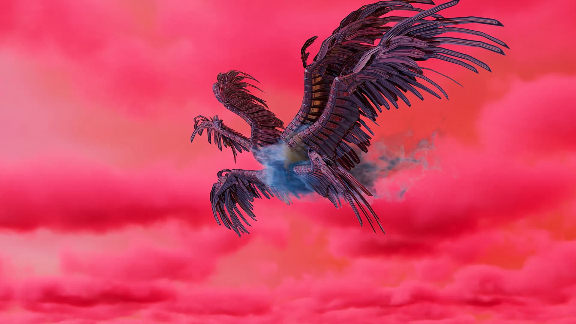 Digital artwork of a dark bird with spread wings rendered in deep purple and blue against a vivid pink and red clouded background.