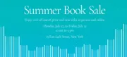 Summer Book Sale promotional graphic with turquoise background, white text, and vertical blue bar chart design elements.