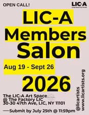 Black and yellow flyer for the LIC-A Members Salon exhibition, Aug 19 to Sept 26, 2026, at the LIC-A Art Space