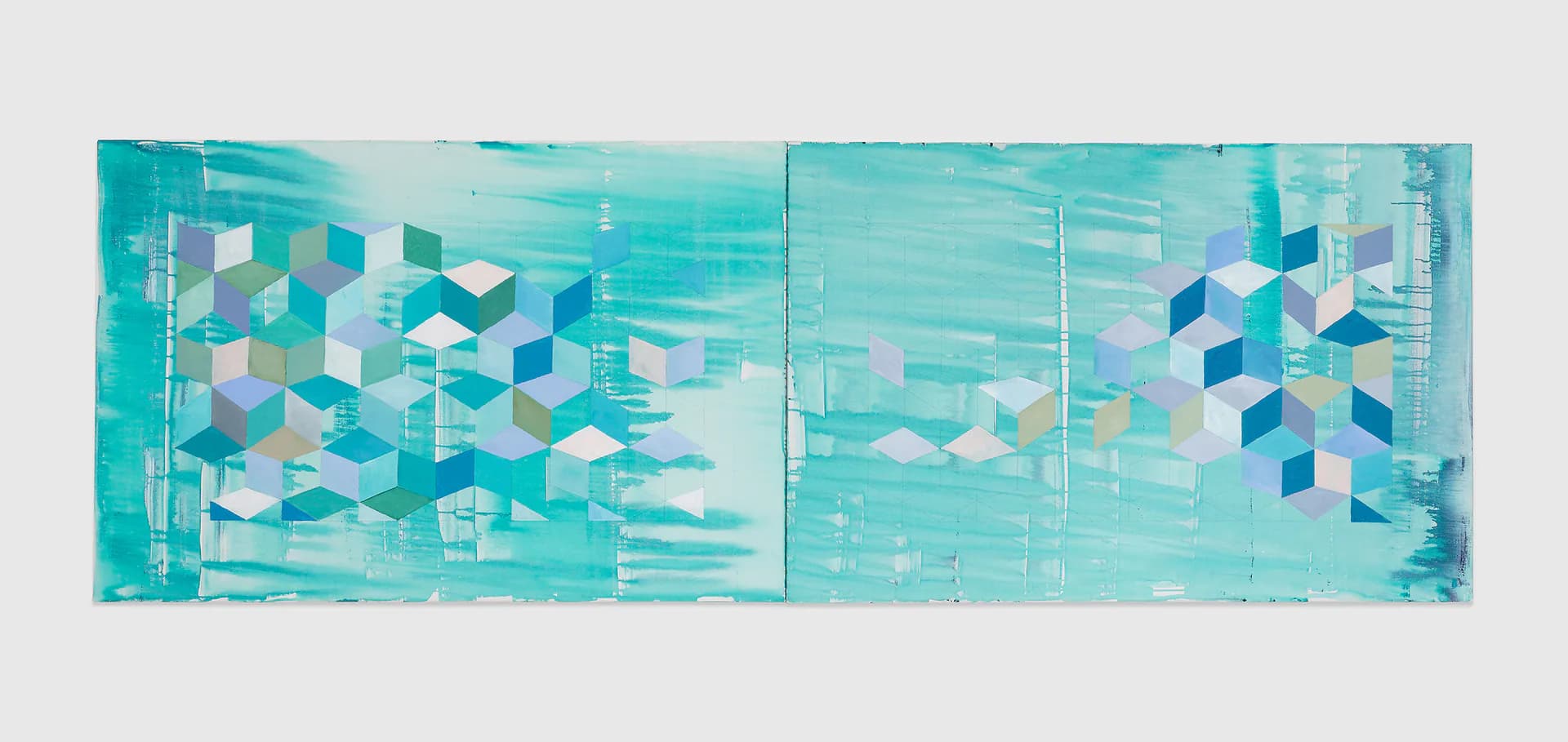 Two-panel abstract painting with turquoise, blue, and white tones featuring geometric isometric shapes and linear patterns creating a sense of movement and depth.