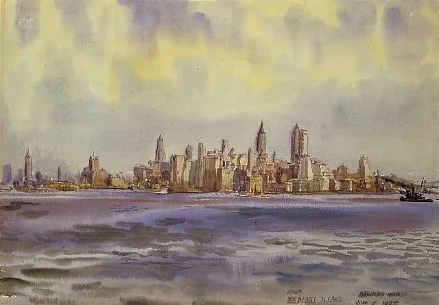 Watercolor painting of Manhattan skyline across purple-toned water, with yellow-lit buildings and muted sky.