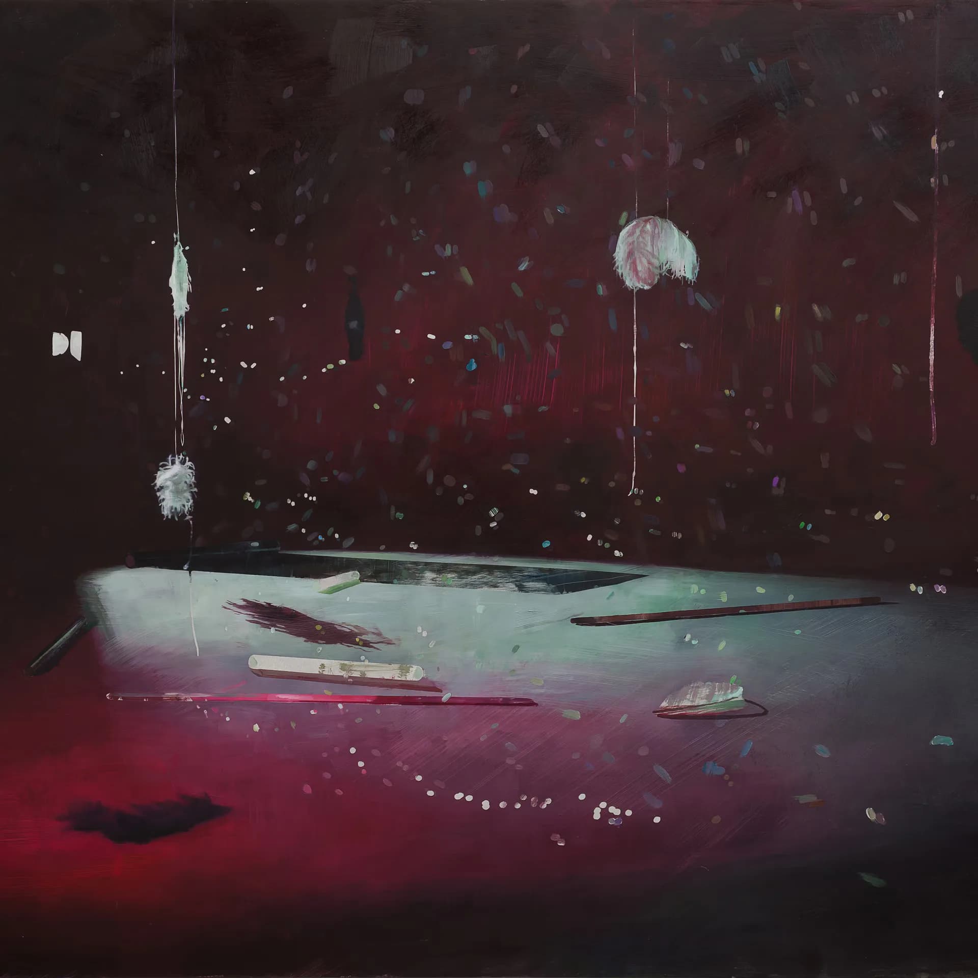 Abstract painting with deep crimson and dark burgundy tones, featuring suspended white spherical forms and linear elements against a moody atmospheric background.