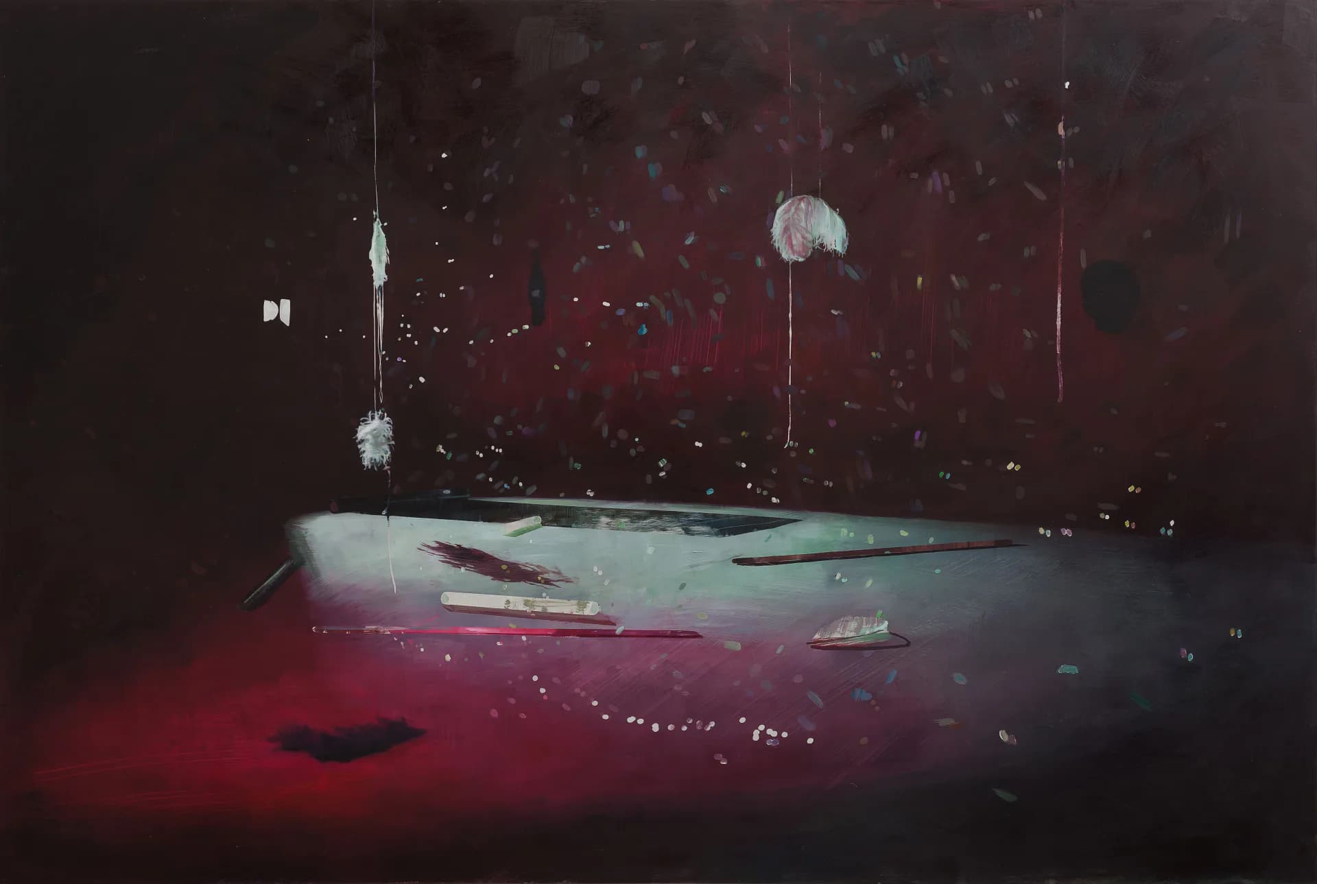 Abstract painting with rich crimson and deep burgundy palette, suspended white spheres, and vertical linear forms creating a moody, atmospheric composition.