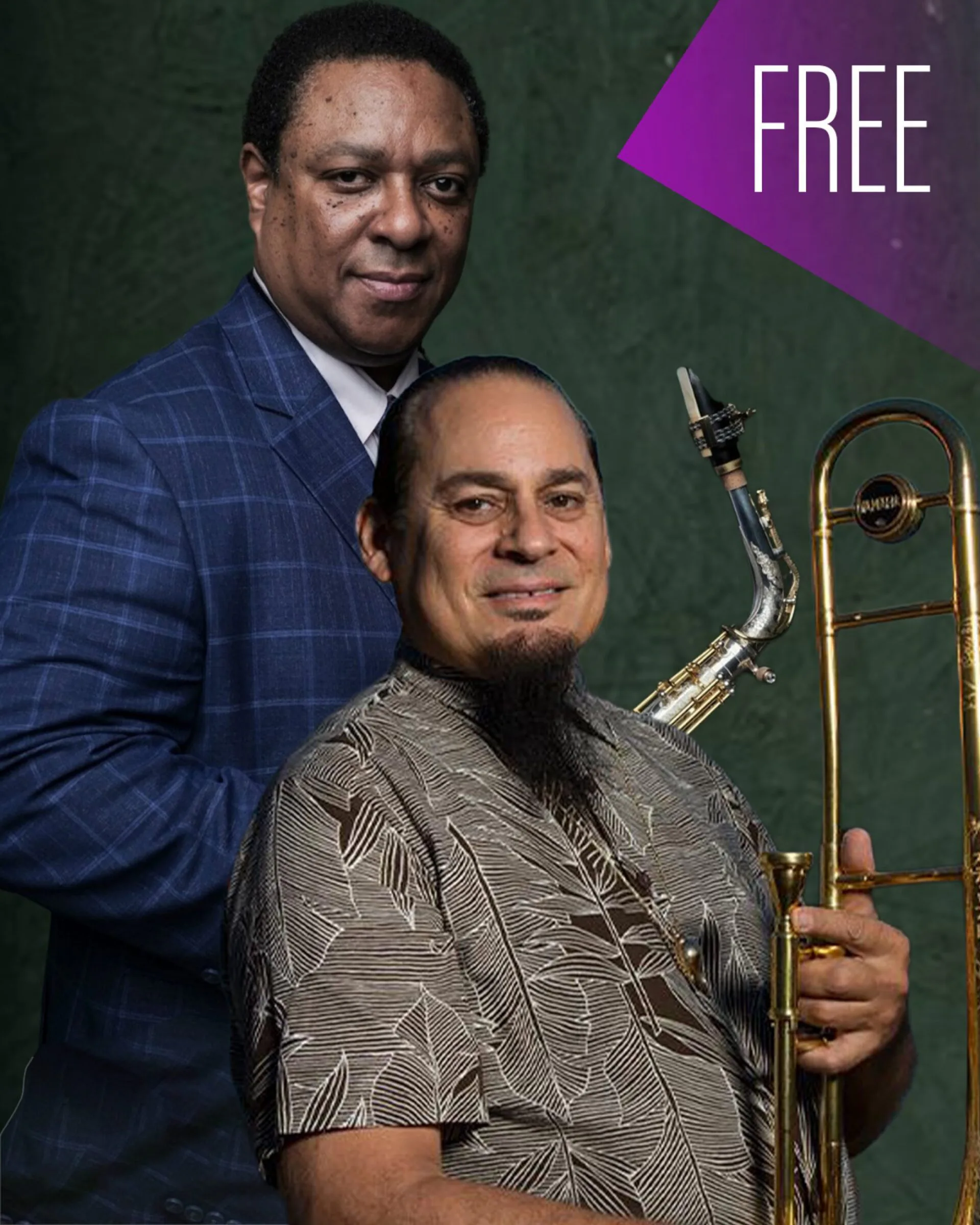 Portrait of two men, one in a blue suit and one holding a trombone, against a green background with a 'FREE' label.