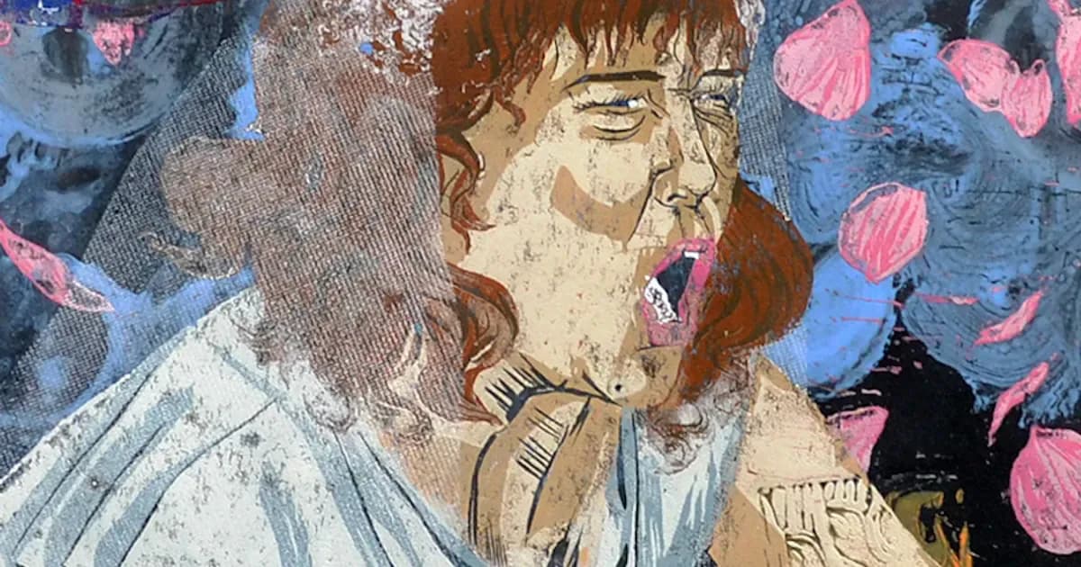Mixed-media portrait of a person with reddish-brown hair wearing headphones, rendered in muted tones with blue and pink circular elements in the background.