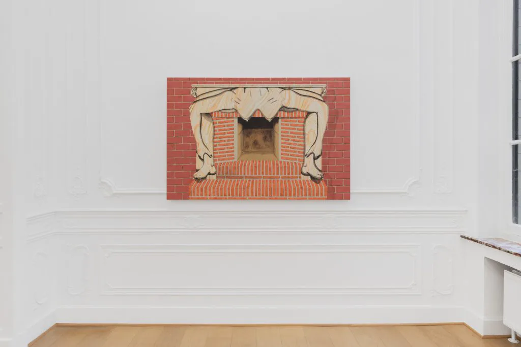 Gallery interior with white walls showing a single framed artwork with red and tan tones depicting an interior architectural scene, centered on wall.