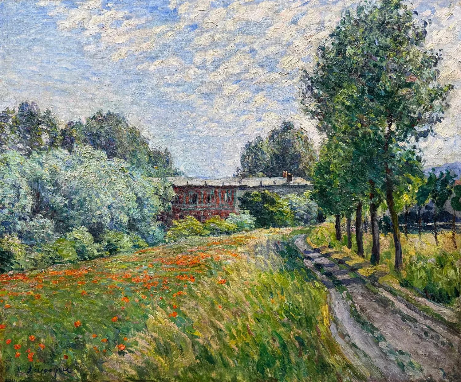Impressionist painting of a poppy field beside a tree-lined country road with a brick building in the distance under a cloudy sky.