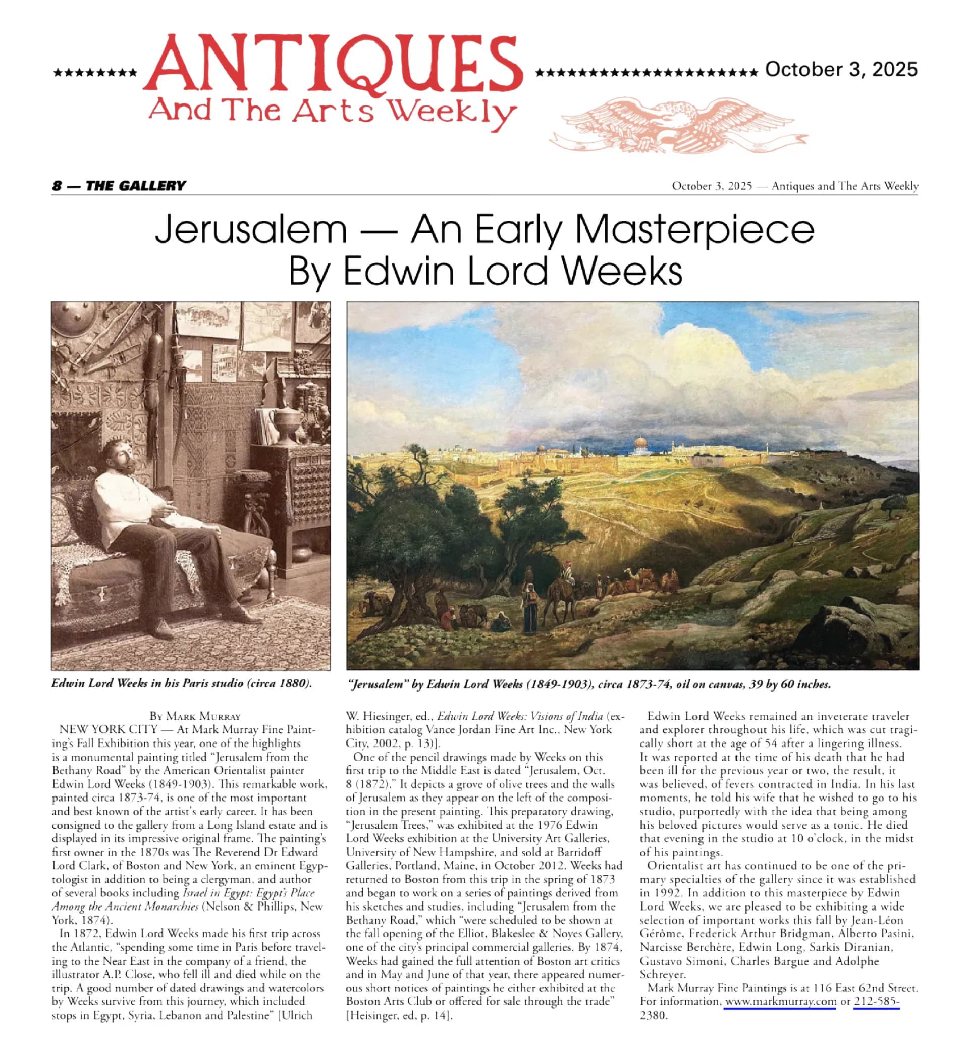 Magazine article page from Antiques and The Arts Weekly dated October 3, 2025, about Edwin Lord Weeks with two artwork images.