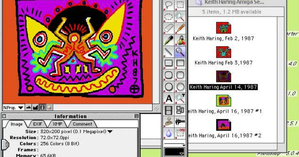 Screenshot of art-directory software showing a zoomed artwork thumbnail alongside file metadata and document list, partial view of digital workspace interface.