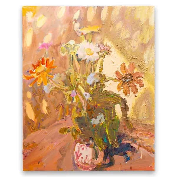 Oil painting of wilting flowers in a vase with warm orange and pink tones, rendered with loose, expressive brushstrokes.