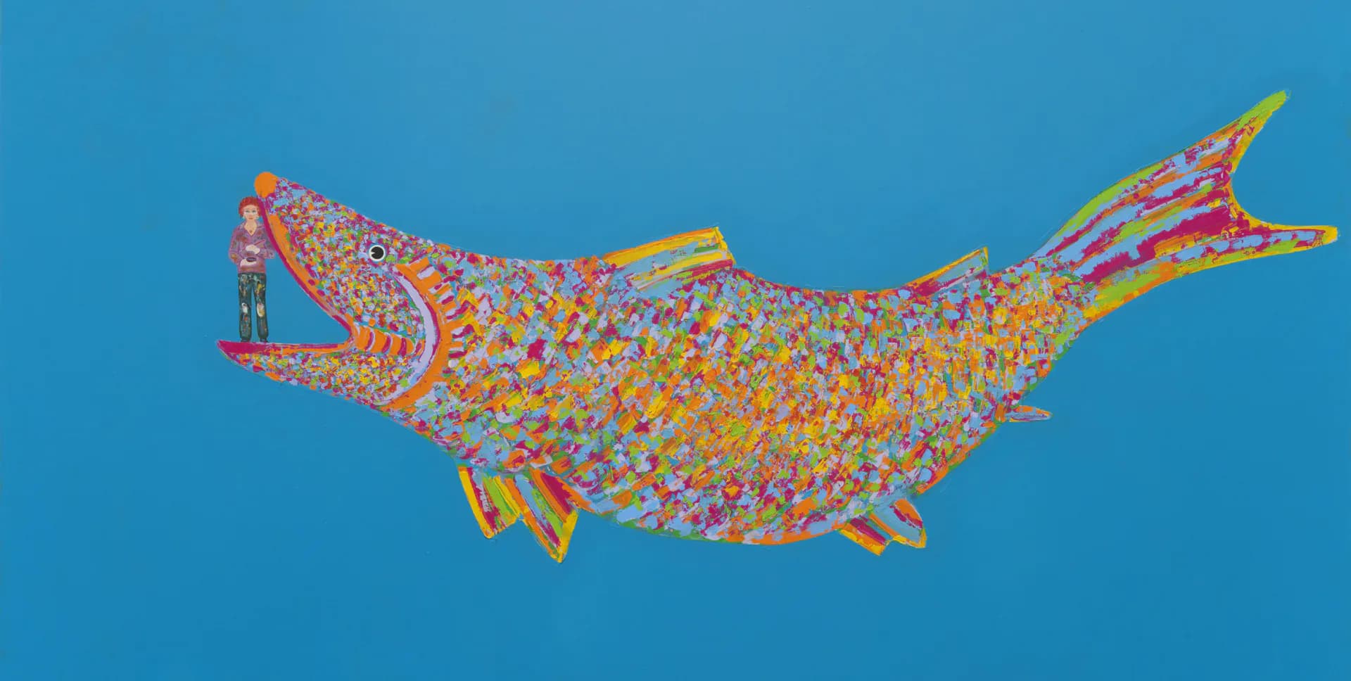 Colorful fish shape rendered in vivid yellow, red, orange, and blue dots and marks against a bright blue background.