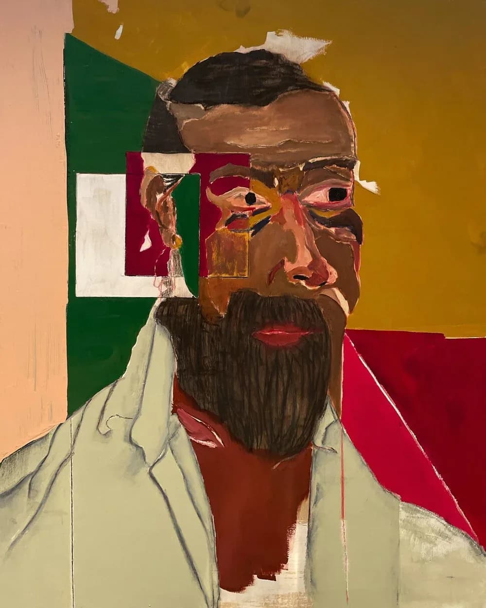 Portrait painting of bearded man with brown skin and dark beard wearing white shirt, with geometric background in green, red, and yellow.