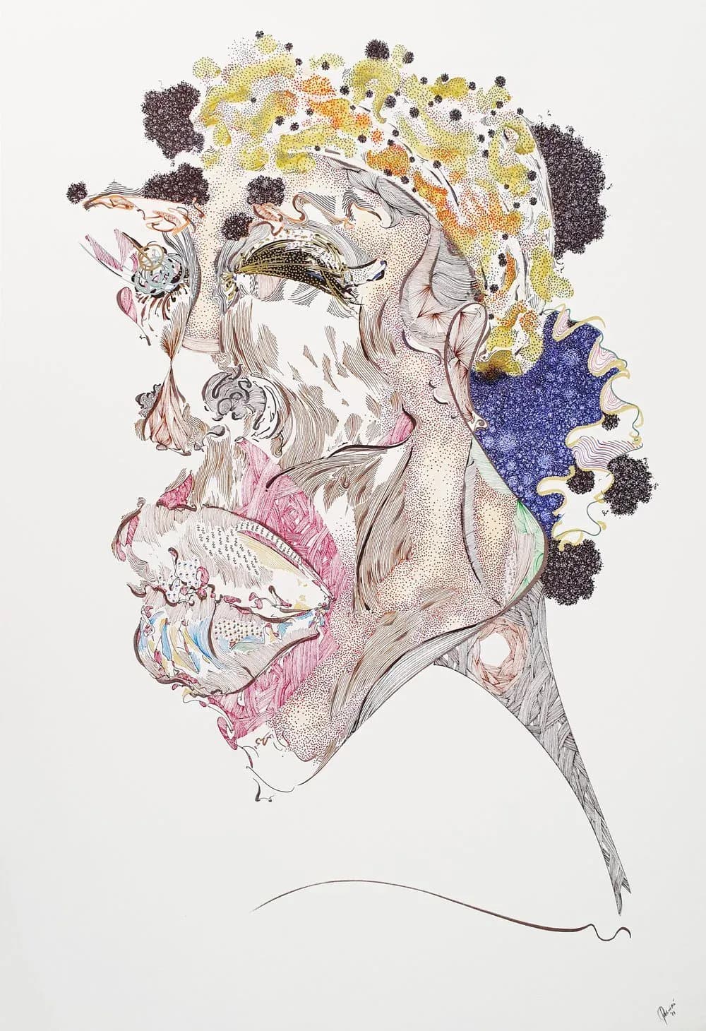 Mixed-media profile portrait combining pen drawing with textured paint and glitter collage elements in gold, black, and blue tones.