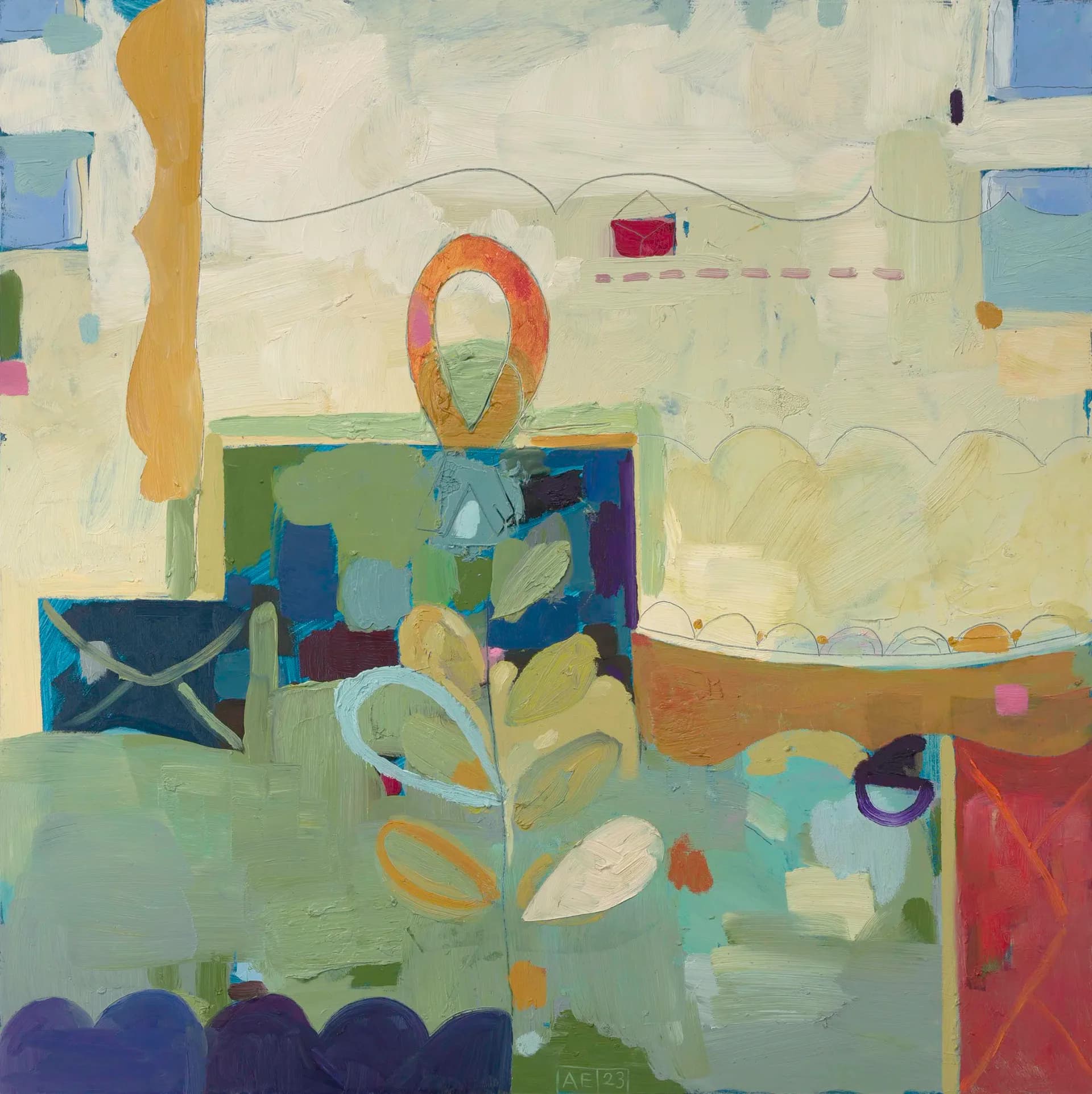 Abstract figure with orange circular head in a composed interior scene with geometric shapes and muted, varied colors.