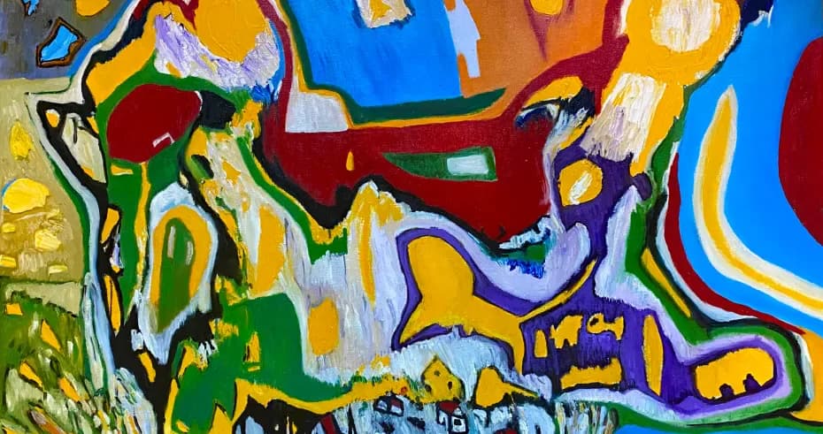 Abstract mixed-media painting with bold geometric shapes in blue, yellow, red, green, and purple, featuring thick black outlines and dynamic composition.