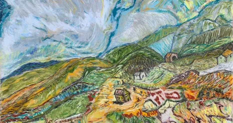 Layered mixed-media artwork with swirling blue and white sky, green rolling hills, and textured earth tones with intricate linear patterns and hatching.