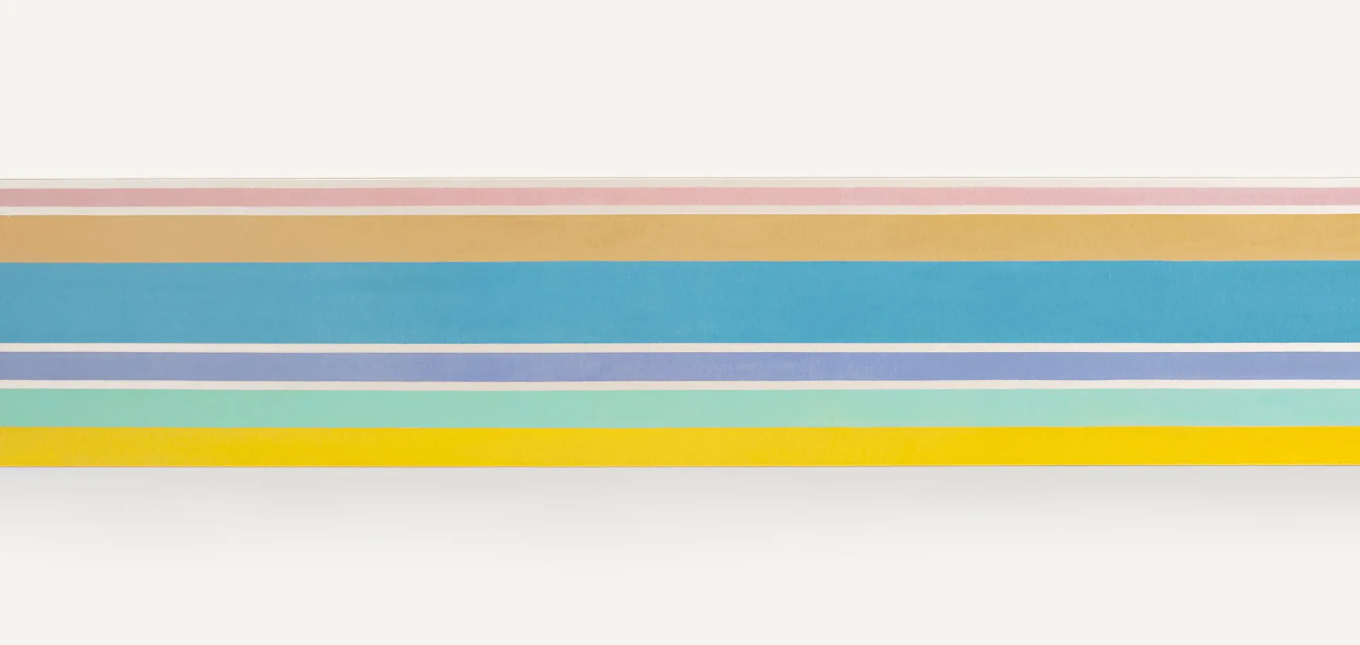 Minimalist painting with horizontal bands of pale pink, tan, teal, and yellow stripes on white background.