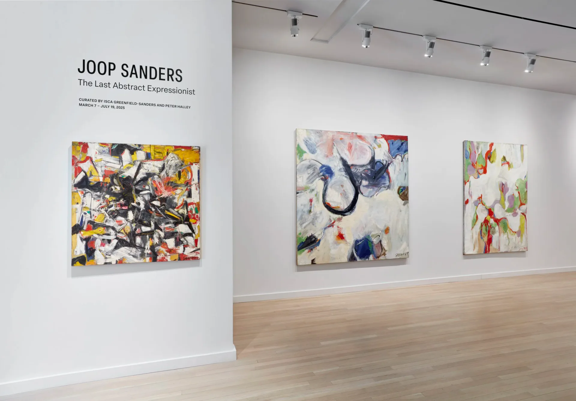 Gallery exhibition space with 'Joop Sanders: The Last Abstract Expressionist' signage and three vibrant abstract paintings hung on white walls.