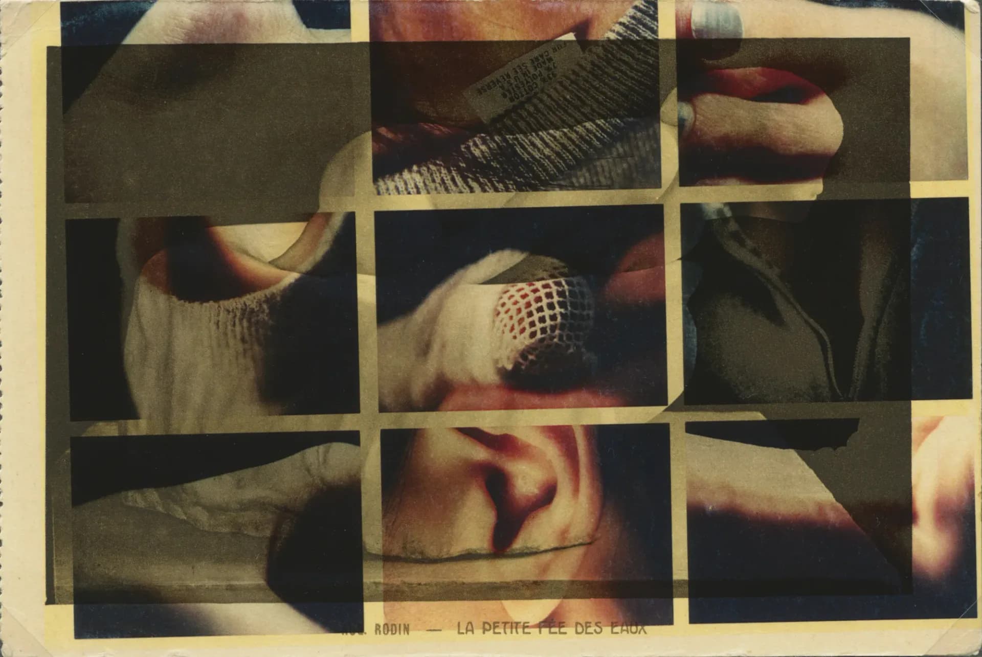 Grid-divided vintage film still showing fragmented close-ups of a person's face and hands in warm, sepia tones with textured overlay.