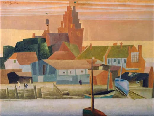 Geometric watercolor landscape with warm ochres and greens depicting a European village with steepled church, boats, and stylized architecture.