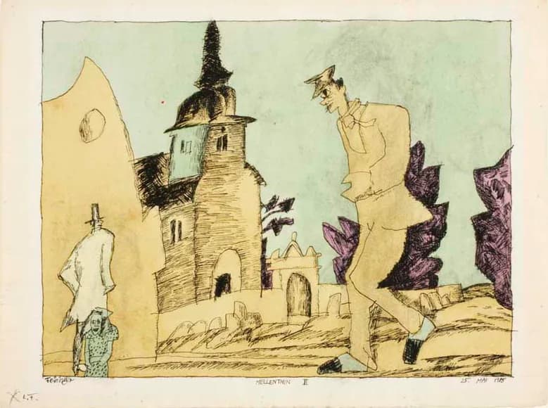 Hand-colored etching in soft yellows and purples showing a whimsical church tower with oversized figures and surreal architectural elements.