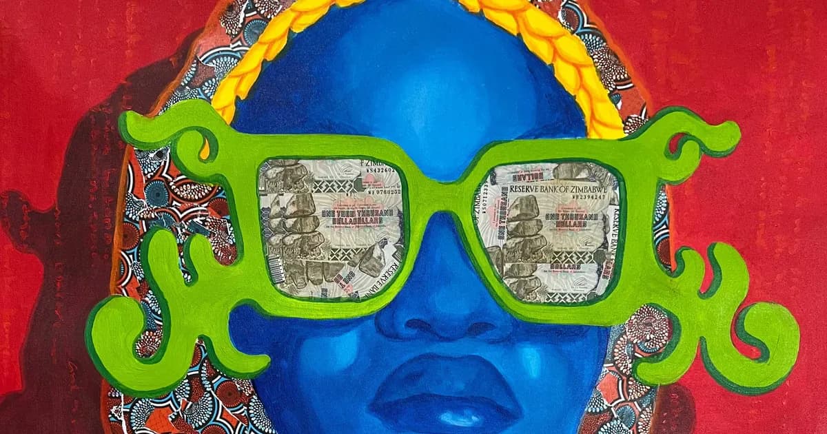 Mixed-media artwork featuring a blue stylized face wearing oversized lime-green eyeglasses filled with currency images, set against red and patterned textile backgrounds.