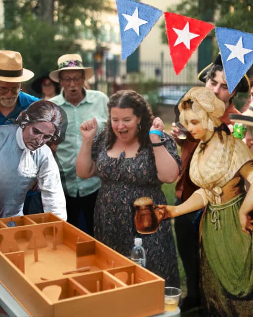 People in period costumes at outdoor event with Cuban flags, gathered around wooden display boxes.