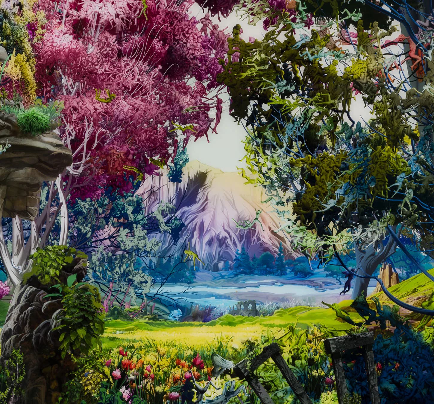 Immersive mural or installation depicting a fantastical landscape with vibrant pink trees, colorful flowers, snow-capped mountain, and blue water.