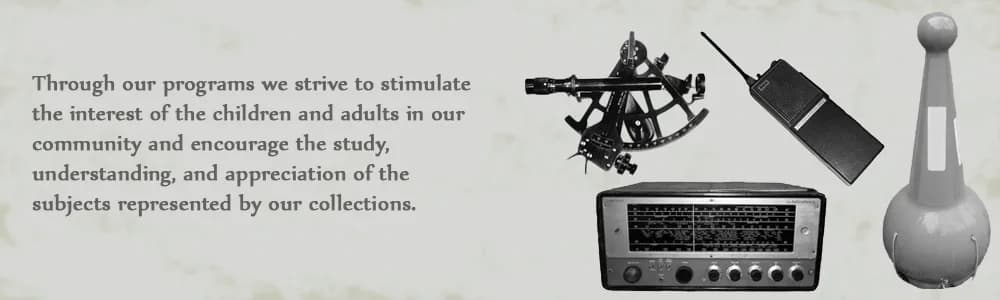 Text explaining the museum's educational mission alongside photographs of maritime navigation instruments including a sextant, radio device, and spherical navigation tool.