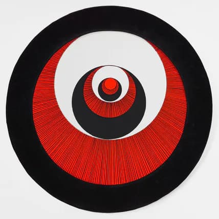 Concentric circles artwork: red textured rings radiating from white center against black background, creating hypnotic target-like pattern.