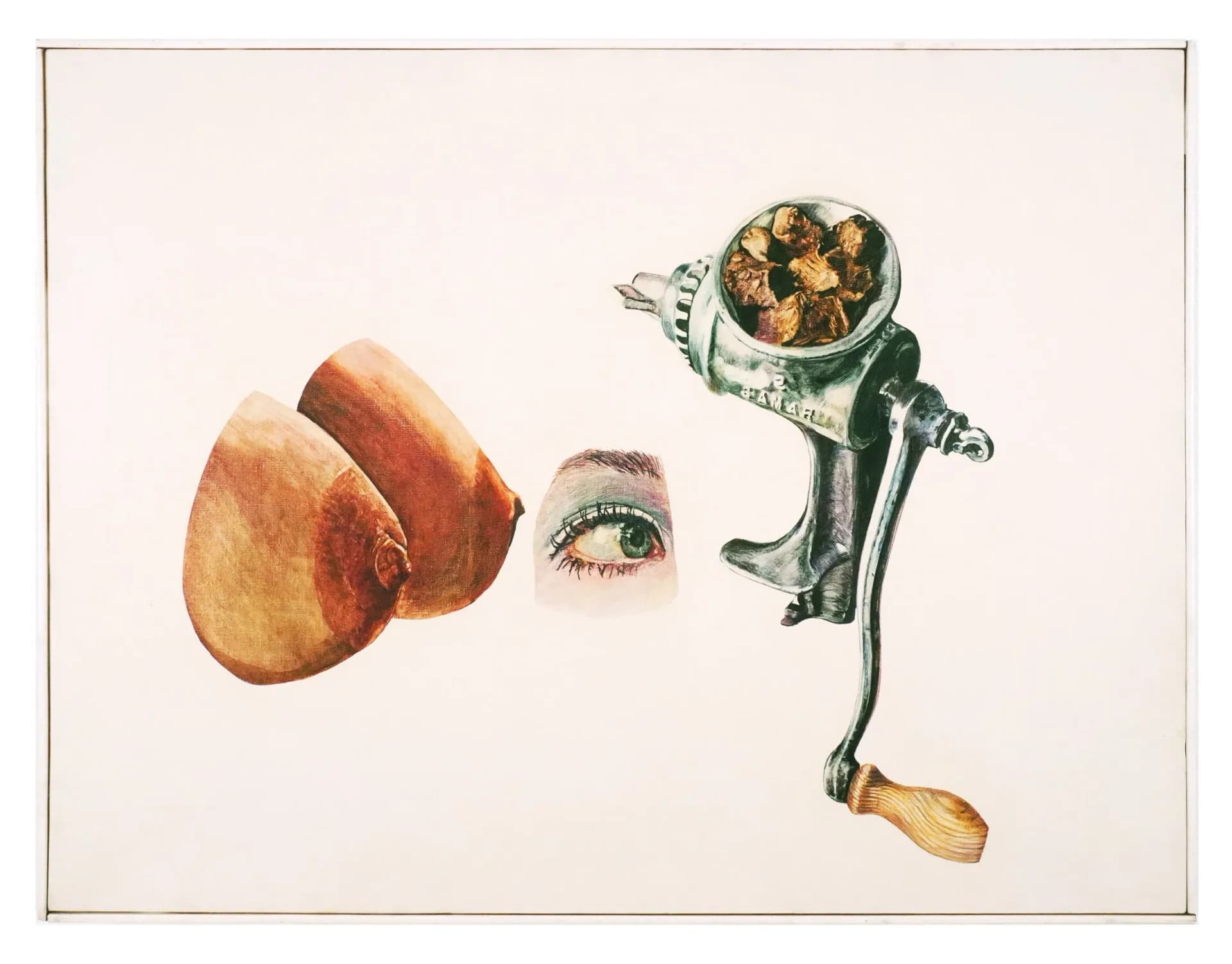 Surrealist collage with close-up eye, mechanical vice-like contraption, and peach-colored organic forms arranged horizontally on cream background.
