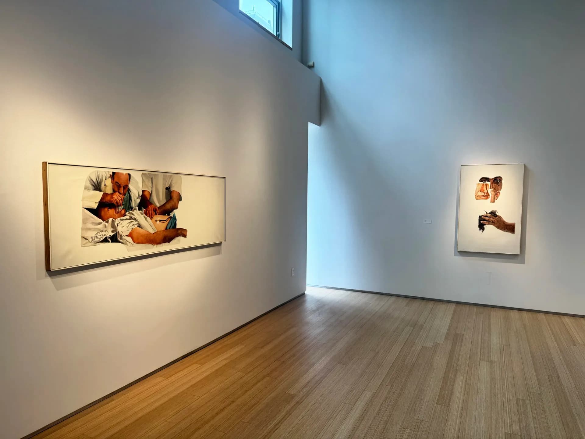 Gallery interior of Nancy Hoffman Gallery showing two framed artworks on white walls with wooden floors and natural skylight from above.