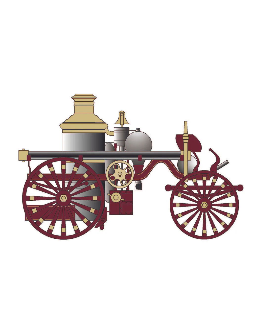 Digital illustration of a vintage horse-drawn fire pumper wagon in deep red and brass tones with large spoked wheels, evoking historic firefighting equipment from the New York City Fire Museum collection