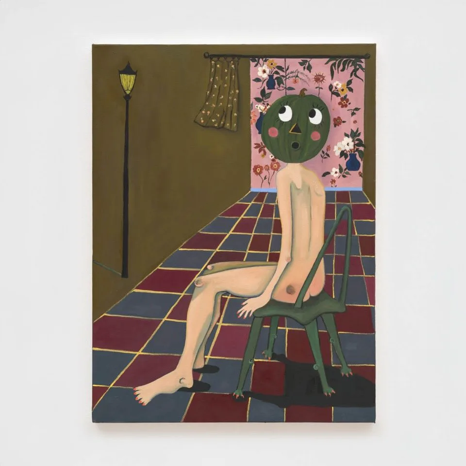 Figurative painting of a figure with a green circular head sitting on a chair in an interior with checkered flooring, floral wallpaper, and warm lighting.