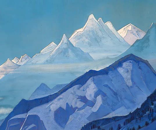Layered mountain peaks in white and deep blue, rendered in a stylized manner with atmospheric perspective and cool tones.