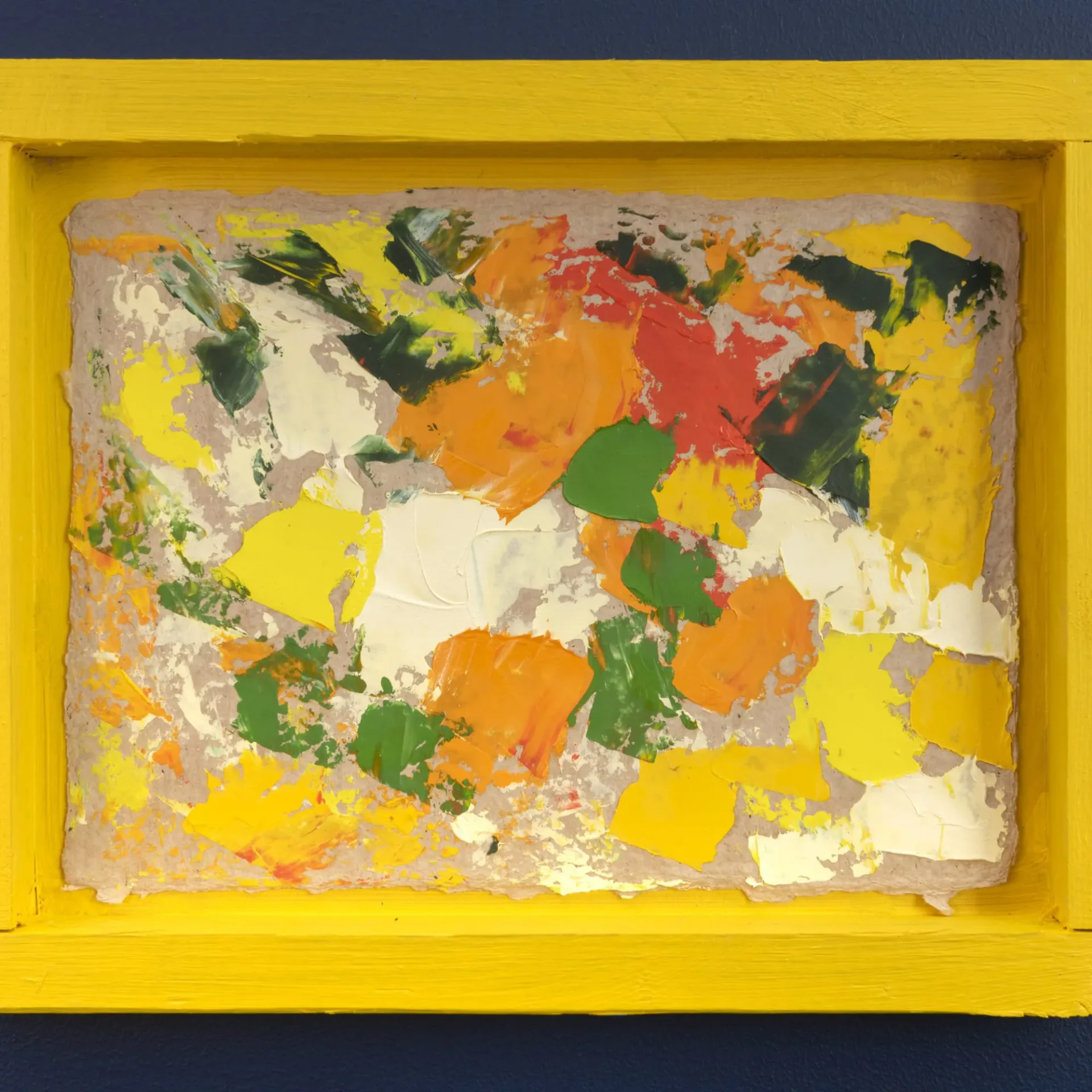 Abstract painting with bright yellow frame featuring overlapping organic shapes in yellow, orange, green, red, and cream tones on textured surface.