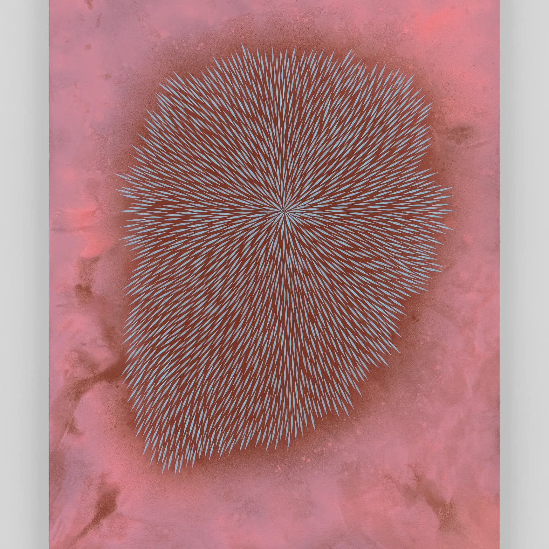 Mixed-media artwork depicting an oval head-like form filled with radiating red and blue lines on a textured pink and mauve background.