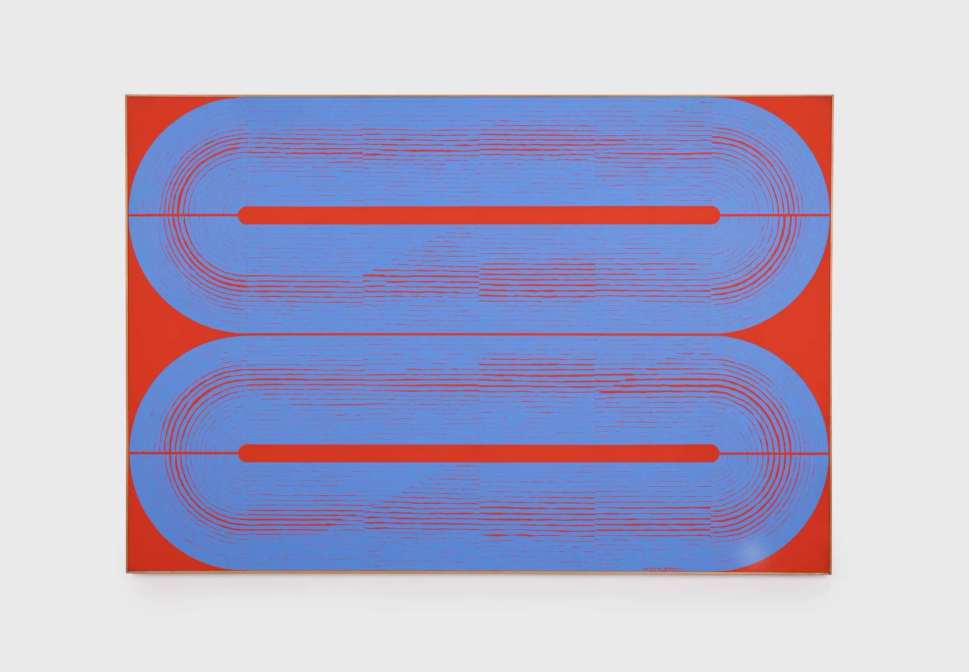 Abstract geometric artwork with two rounded rectangular shapes containing concentric red and blue lines on a red background.