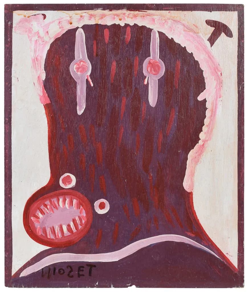 Abstract portrait painting in deep maroon and pink with geometric circular forms suggesting eyes and mouth on a dark background.