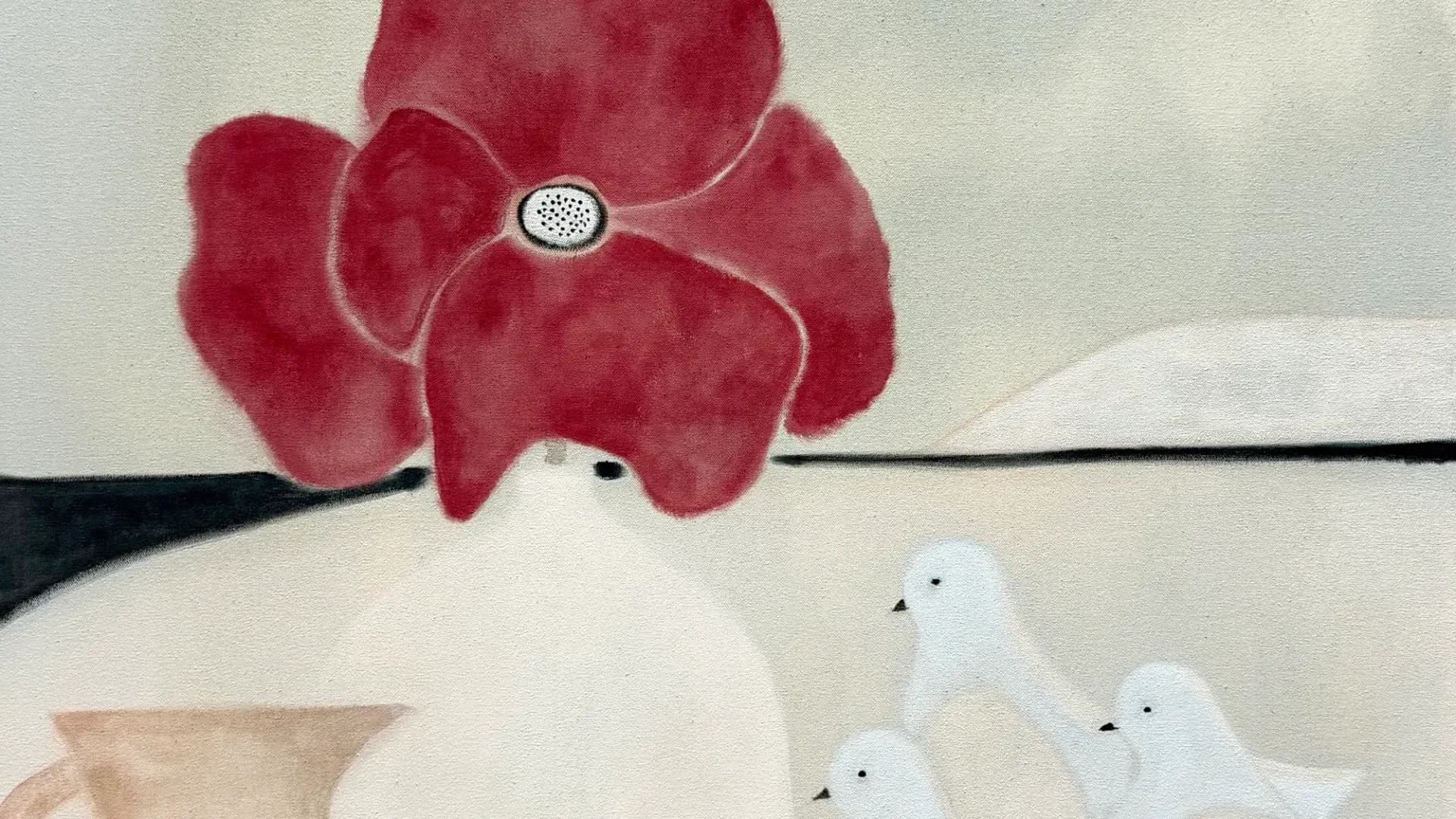 Mixed media artwork featuring red velvet petal shapes with a metallic center, beige background, black linear element, and white sculptural bird forms.