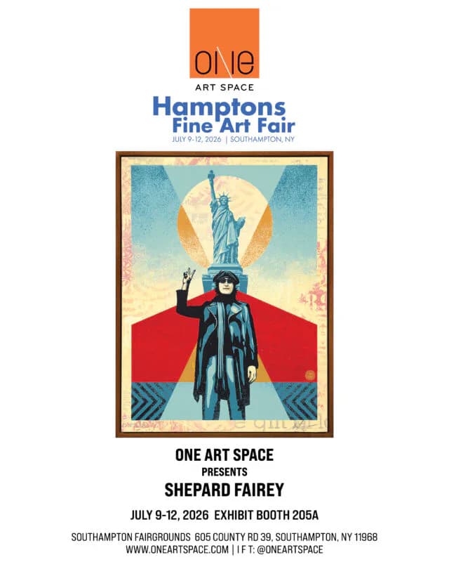 Exhibition poster for Hamptons Fine Art Fair featuring One Art Space presenting Shepard Fairey, July 9-12 2026, with stylized Statue of Liberty artwork in blue, red, and gold tones.