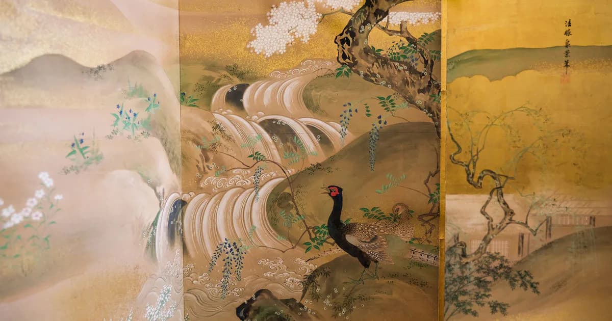 Three-panel East Asian landscape painting with misty mountains, waterfalls, and golden tones featuring figures and flora.
