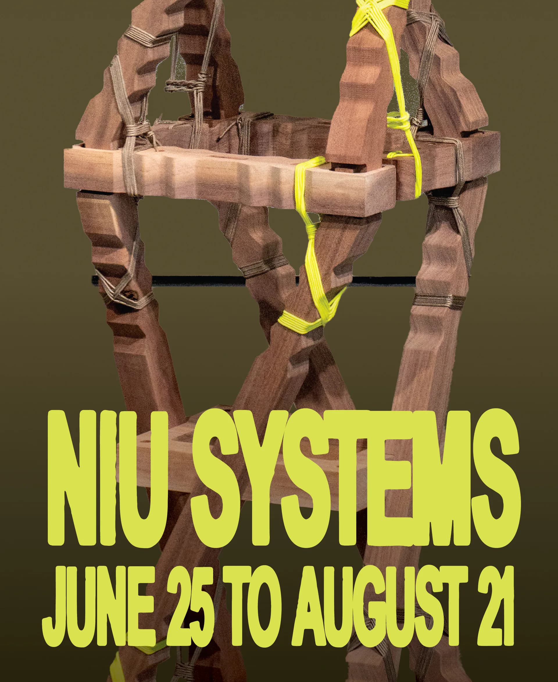 Wooden sculptural structure with geometric framework and bright yellow neon accents against olive-green background; Ontopo exhibition June 25 to August 21.