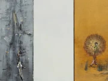Triptych of abstract paintings: left panel with blue-gray gestural marks, center white panel, right panel with golden yellow and dark circular form.